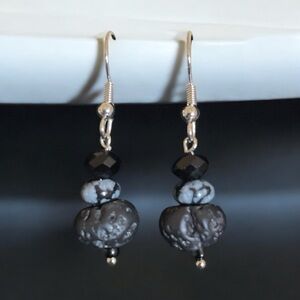 Black Lava Rock, Cristobalite Snowflake Obsidian and Silver Dangle Earrings